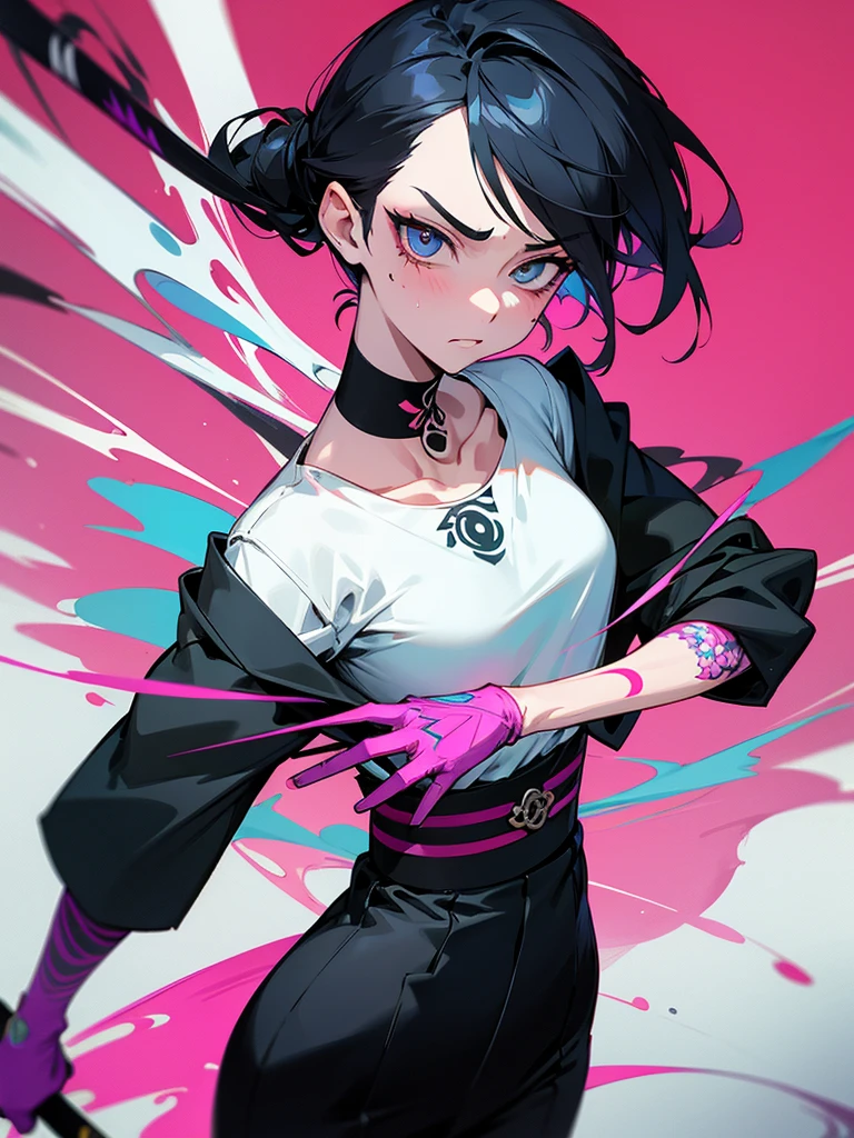1 woman, wearing a stylish and edgy outfit, the color palette is mainly dark with splashes of vibrant colors, tailored white shirts, fashionable, woman, vibrant, outfit, colorful, accessory, majestic, sharp focus, modern, determined expression, closed one eye, disgusted face, embarrassed, Ink wash painting background, geometry tattoo, (cinematic), elaborate, holding japanese sword, katana, action pose, collarbone,