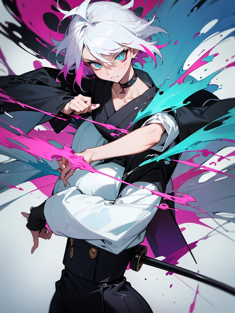 1 woman, wearing a stylish and edgy outfit, the color palette is mainly dark with splashes of vibrant colors, tailored white shirts, fashionable, woman, vibrant, outfit, colorful, accessory, majestic, sharp focus, modern, determined expression, closed one eye, disgusted face, embarrassed, Ink wash painting background, geometry tattoo, (cinematic), elaborate, holding japanese sword, katana, action pose, collarbone,
