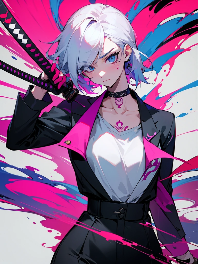 1 woman, wearing a stylish and edgy outfit, the color palette is mainly dark with splashes of vibrant colors, tailored white shirts, fashionable, woman, vibrant, outfit, colorful, accessory, majestic, sharp focus, modern, determined expression, closed one eye, disgusted face, embarrassed, Ink wash painting background, geometry tattoo, (cinematic), elaborate, holding japanese sword, katana, action pose, collarbone,