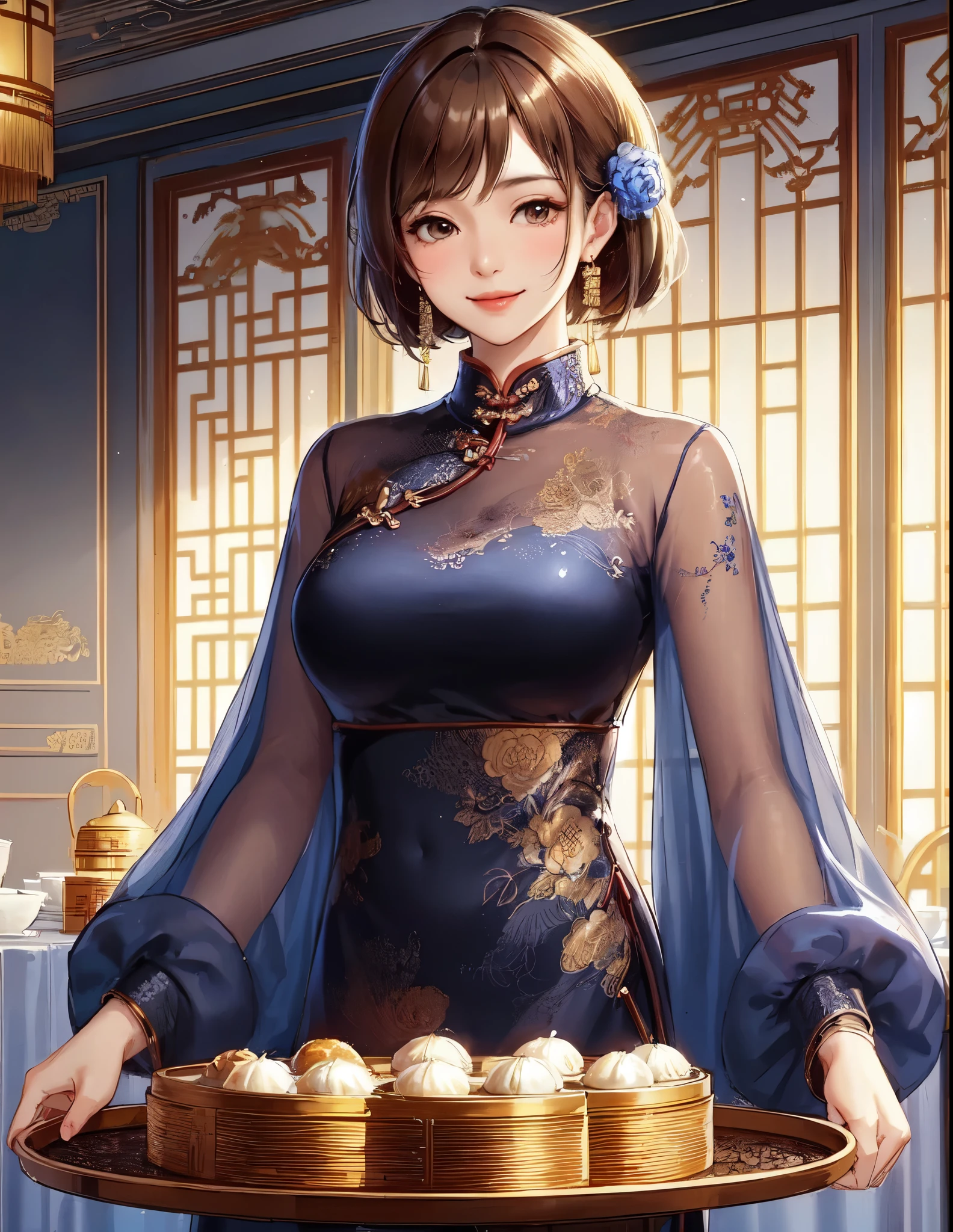 1lady solo, standing, (elegant cheongsam) stylish, embroidery, (mature female:0.8), /(brown hair/) bangs, kind smile, (masterpiece best quality:1.2) delicate illustration ultra-detailed, large breasts, (holding tray with dim sum) BREAK (Chinese restaurant) indoors, dim sum, table, detailed background
