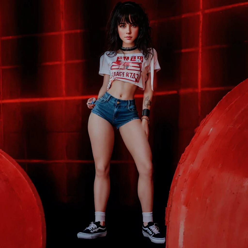 girl sexy realistic, fringe hair realistic, face sweet realistic wearing realistic t-shirt, realistic shorts denim, realistic ankle white socks, realistic vans shoes uses choker and bracelets realistic details.