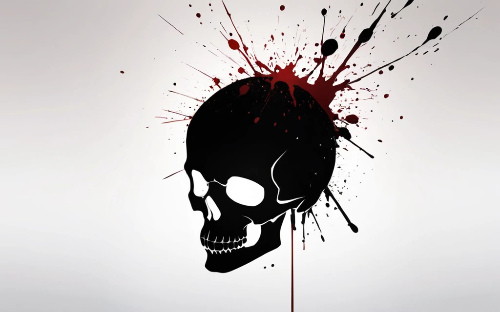 black silhouette of a skull facing forward with black blood splatter on white wall, detailed silhouette, left position.