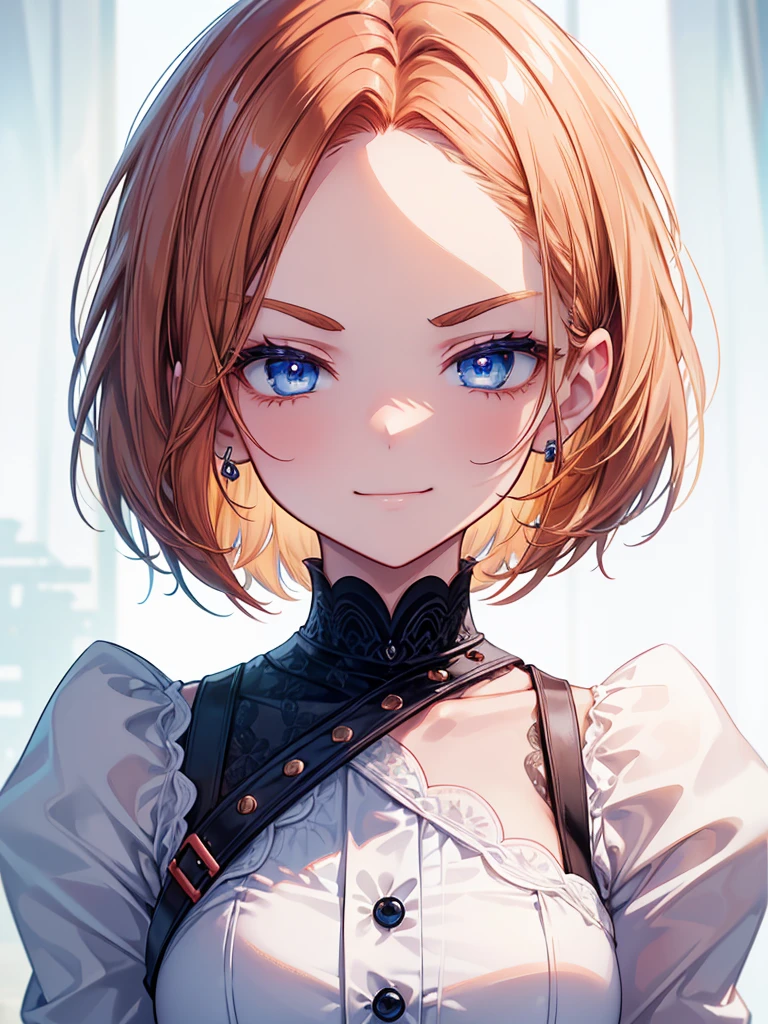 (masterpiece),(top-quality),(ultra-detailliert),hight resolution,in 8K animation,1girl,(forehead:1.3),bob cut,copper hair,blue eyes,half-closed eyes,round eyes,smirk,evil smile,(v-shaped eyebrows),(beautifull detailed face),(beatiful detailed eyes),18 years old