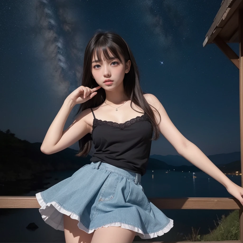 Beautiful images、universe、Fantasy、Shooting start or swarm、Teenage Girl、black eye、Hair length、Starry Sky、Japanese、high school girl、camisole、Fluttering mini skirt、