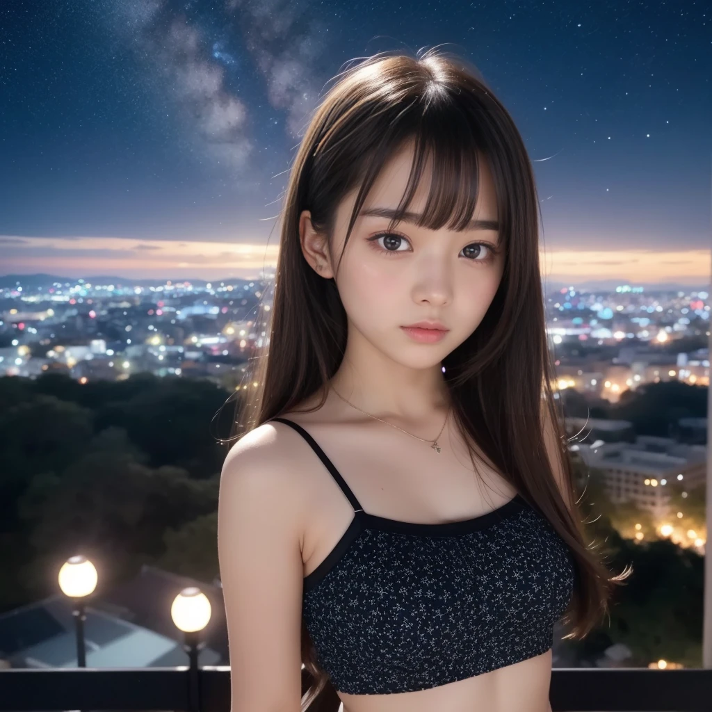 Beautiful images、universe、Fantasy、Shooting start or swarm、Teenage Girl、black eye、Hair length、Starry Sky、Japanese、high school girl、camisole、Fluttering mini skirt、
