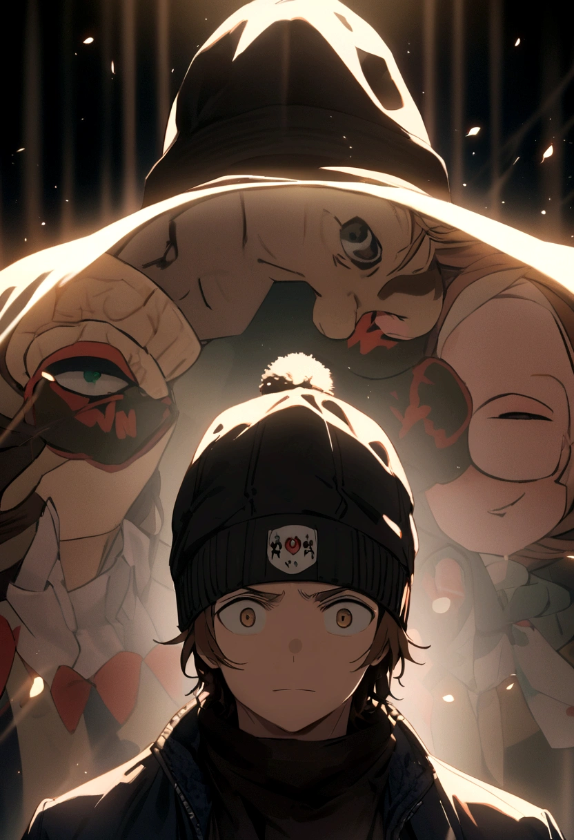 Boy with medium long brown hair and black beanie hat with Gojo&#39;s face when he says "Now, i'd win"
