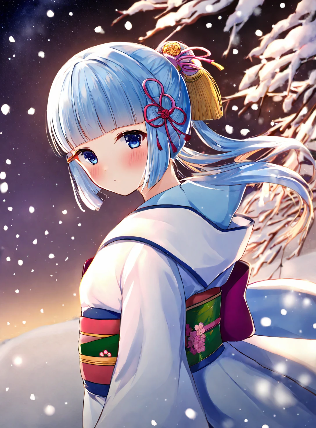 1girl, solo, japanese clothes, blue eyes, ponytail, holding, long hair, bangs, looking at viewer, kimono, snow, flower knot, blue hair, snowing, outdoors, white kimono, hair ornament, night, wide sleeves, hair ribbon, looking back, sidelocks, ribbon, tassel, mole under eye, mole, floating hair, tress ribbon, blunt bangs, long sleeves, hood, blush, light blue hair, sky, cowboy shot, from behind, winter, sash, night sky, Kamisato Ayaka, complex background, depth of field, cinematic compositions, best lighting, masterpiece