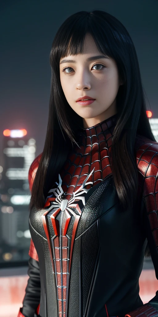 (1girl:1.3), Solo, (((Very detailed face)))), ((Very detailed eyes and face)))), Beautiful detail eyes, Body parts__, Official art, Unified 8k wallpaper, Super detailed, beautiful and beautiful, beautiful, masterpiece, best quality, original, masterpiece, super fine photo, best quality, super high resolution, realistic realism, sunlight, full body portrait, amazing beauty, dynamic pose, delicate face, vibrant eyes, (from the front), She wears Spider-Man suit, red and black color scheme, spider, very detailed city roof background, rooftop, overlooking the city, detailed face, detailed complex busy background, messy, gorgeous, milky white, highly detailed skin, realistic skin details, visible pores, clear focus, volumetric fog, 8k uhd, DSLR, high quality, film grain, fair skin, photo realism, lomography, futuristic dystopian megalopolis, translucent