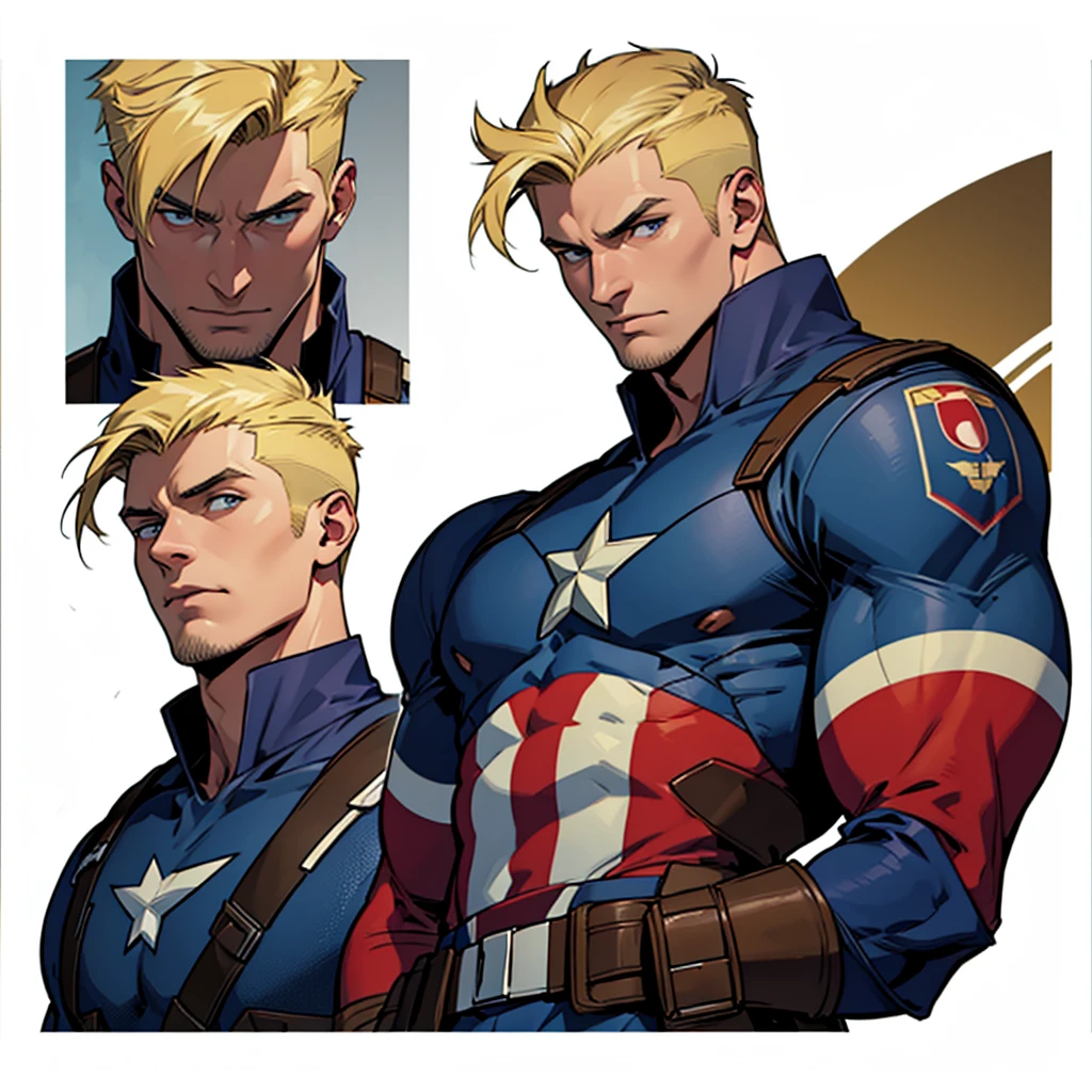 A model sheet of an adult Captain America wearing his uniform and gauntlets with a blonde high quiff style haircut and a shaved nape.
