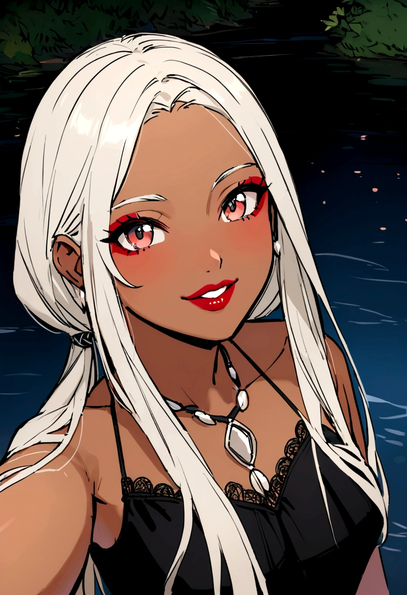 Indigenous dark skin 18 years old girl in the river at night, Indigenous 18 years old girl smiling, with makeup and red lips, selfie