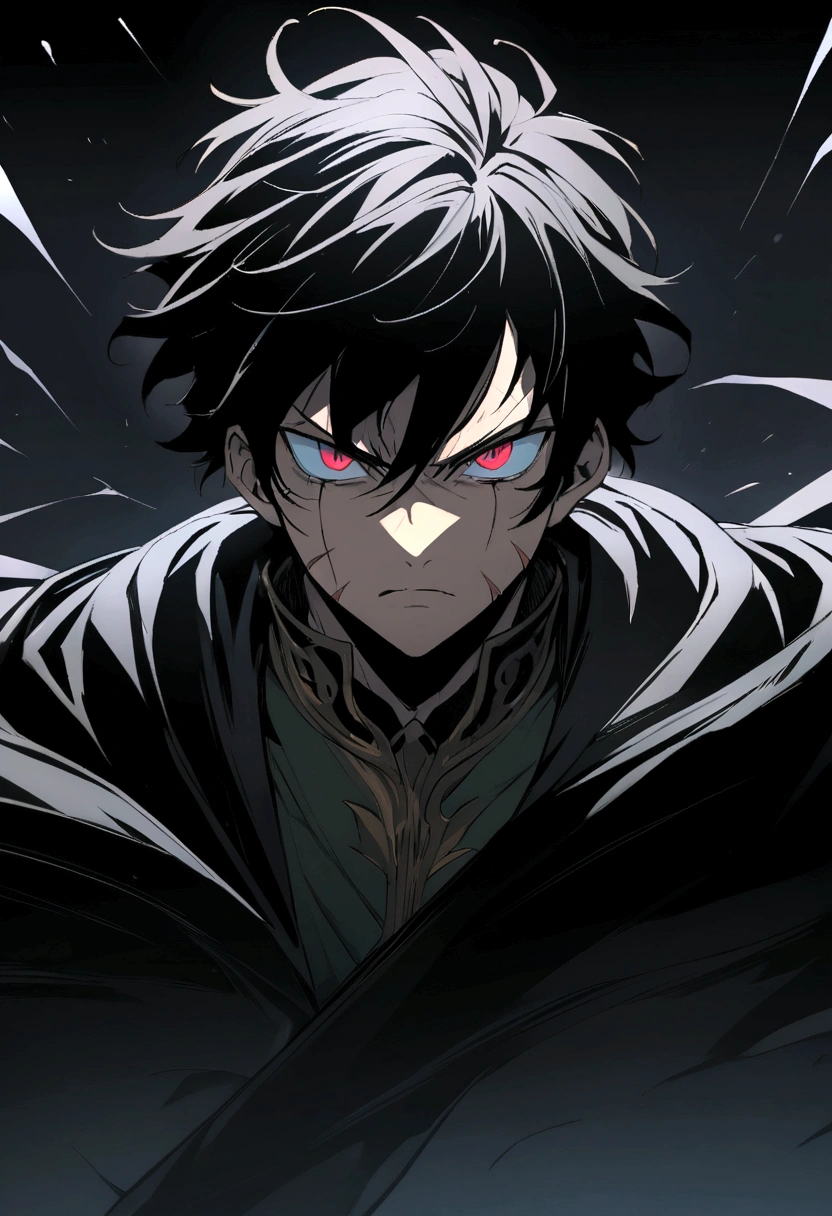 Close de (male anime character:1.3), (intense gaze:1.2), (eyes black:1.3) with a red and a green, black spiky hair, furrowed eyebrows, (serious expression:1.2), shadowed face, (black cover with white details:1.1), visible scar on left eyebrow, detailed digital illustration, (darkness background:1.1), anime styling, strong facial features, contrasting colours, focused behavior,
