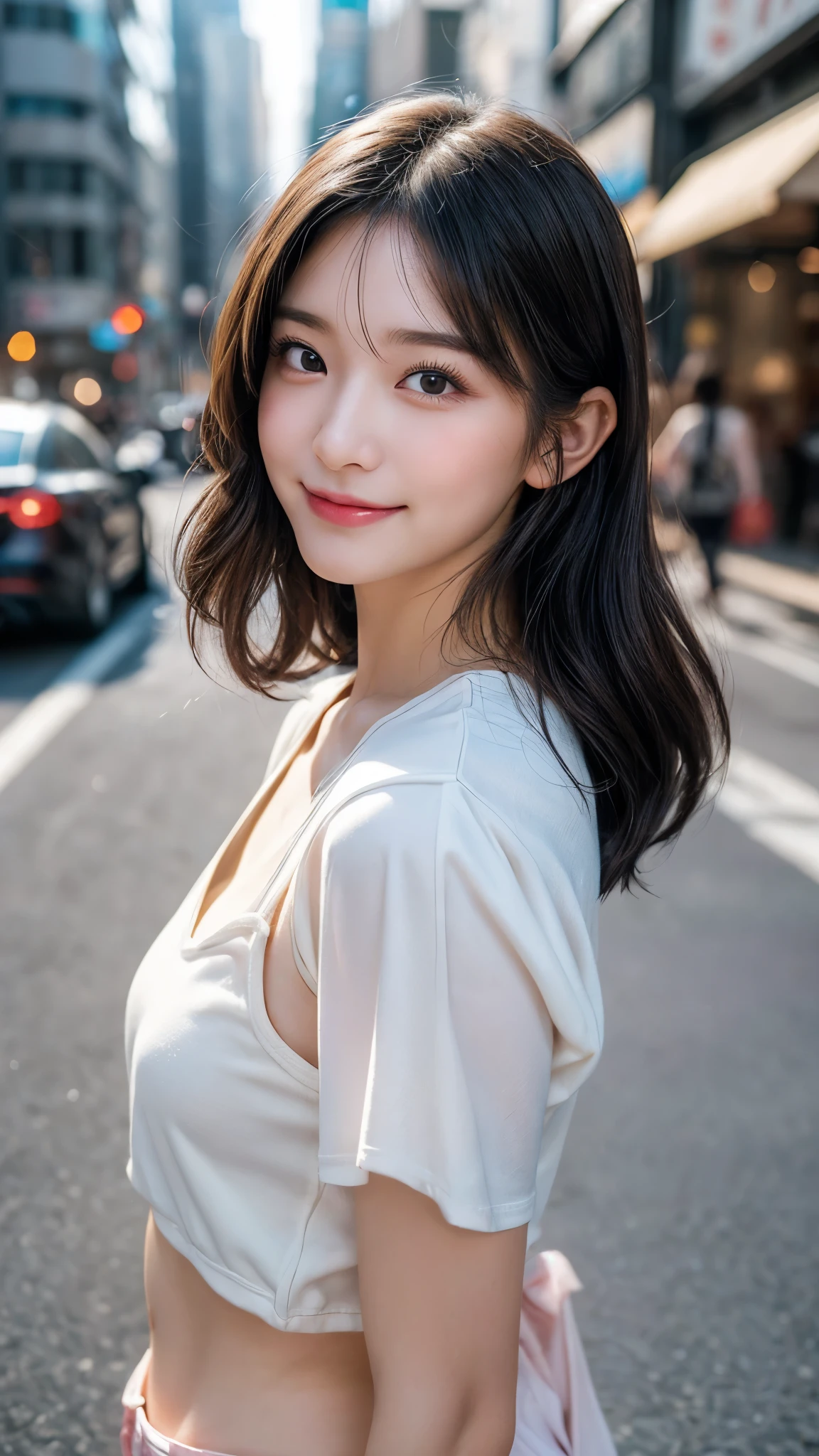 1 female,18 year old,smile:1.3,(BLACK eyes:1.3),((8K,masterpiece,Perfect Anatomy)),Cowboy Shot,(Beautiful and exquisite face and eyes,gorgeous eyes:1.3) , shoot from front,Black Hair:1.3,bangs,smile,blush,Small ,Tokyo street、((Background blur)),((カーディガン:1.2))、ウェーブヘアー ,Street Snap、Backlight:1.2
