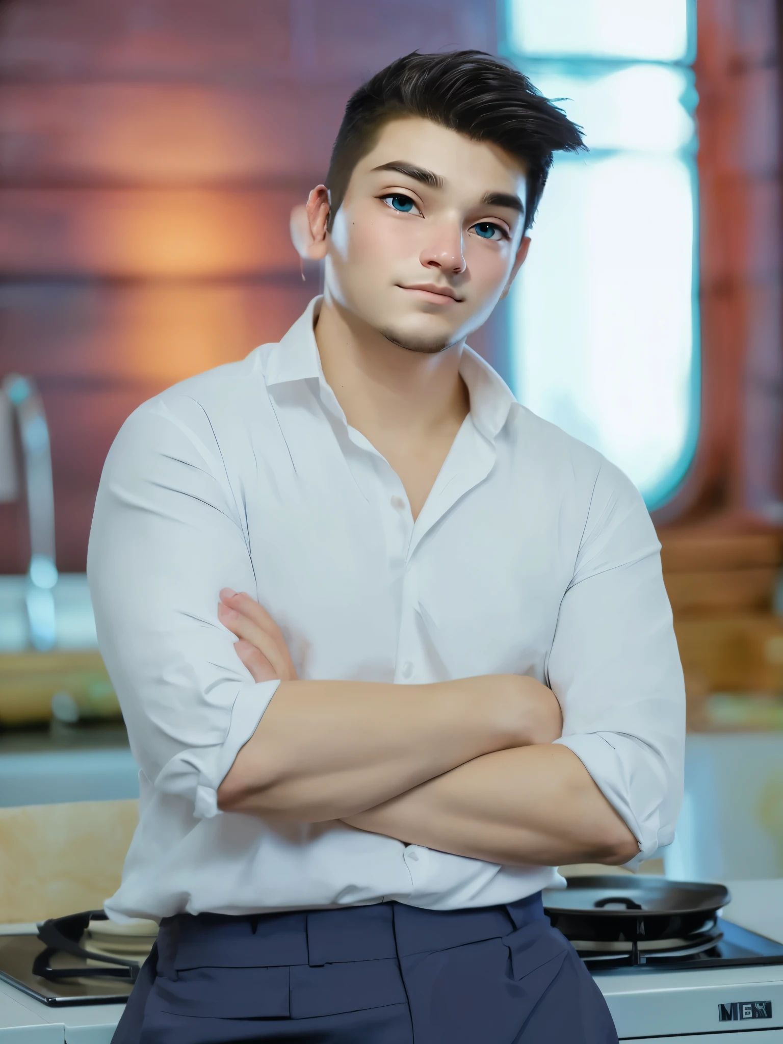 arafed man in a white shirt and blue pants standing in a kitchen, handsome male, inspired by Adam Dario Keel, rick dai, handsome and attractive, attractive and good looking, maxim shirkov, xqc, handsome chad chin, handsome man, mid-shot of a hunky, anton fedeev, attractive androgynous humanoid, (highly detailed face:1.4) (smile:0.7) (background inside dark, moody, private study:1.3) POV, by lee jeffries, nikon d850, film stock photograph ,4 kodak portra 400 ,camera f1.6 lens ,rich colors ,hyper realistic ,lifelike texture, dramatic lighting , cinestill 800