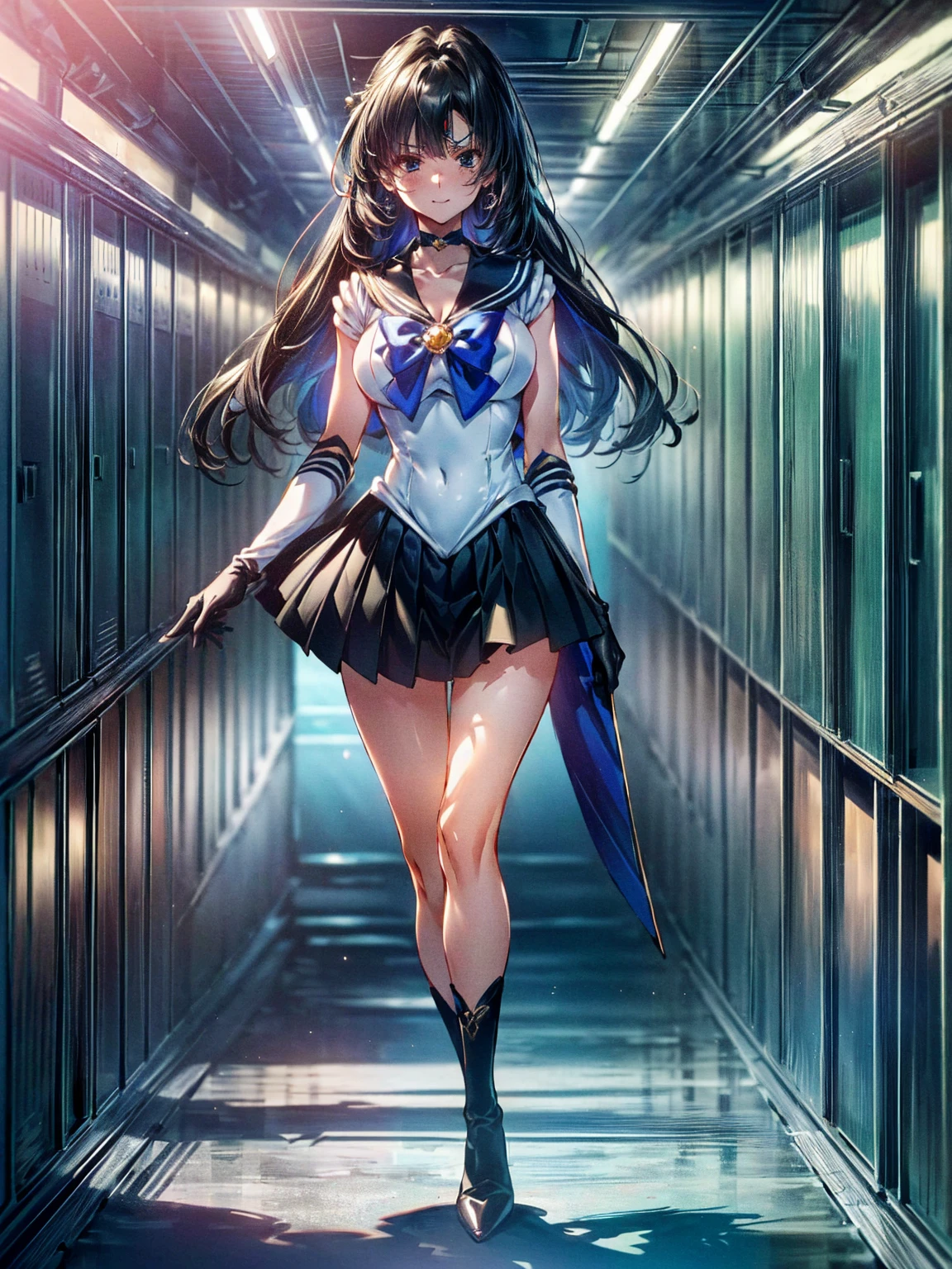 Perfect Anatomy,(8K, Highest quality, masterpiece:1.2),\(Beautiful Eyes\),\(Facial Features\),(\(Costume details Details\)\),(Big Lesbians , Super Skirt,Sailor Moon Costume,(Face Focus) ,Very detailedな CG Unity 8K 壁紙,Large file size,Very detailed,High resolution,Absurd,Beautiful Eyes,Ray Tracing,Dramatic Shadows,Down to the last detail,elevation,Hyper Detail,(alone),Anime Style、Very long straight hair、Black Hair、Black sailor collar、Black Absolute Short Mini Scarbow Gloves、(In the research facility:1.4),(full body:1.5),evil smile,