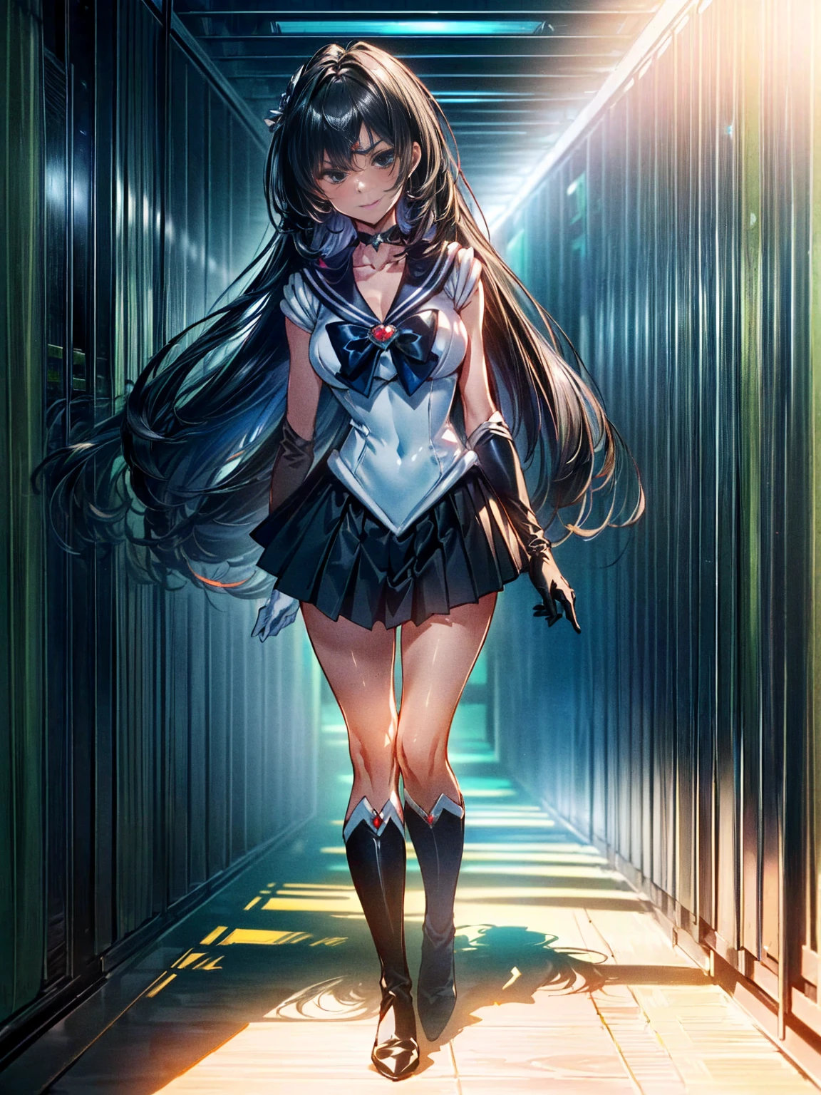Perfect Anatomy,(8K, Highest quality, masterpiece:1.2),\(Beautiful Eyes\),\(Facial Features\),(\(Costume details Details\)\),(Big Lesbians , Super Skirt,Sailor Moon Costume,(Face Focus) ,Very detailedな CG Unity 8K 壁紙,Large file size,Very detailed,High resolution,Absurd,Beautiful Eyes,Ray Tracing,Dramatic Shadows,Down to the last detail,elevation,Hyper Detail,(alone),Anime Style、Very long straight hair、Black Hair、Black sailor collar、Black Absolute Short Mini Scarbow Gloves、(In the research facility:1.4),(full body:1.5),evil smile,