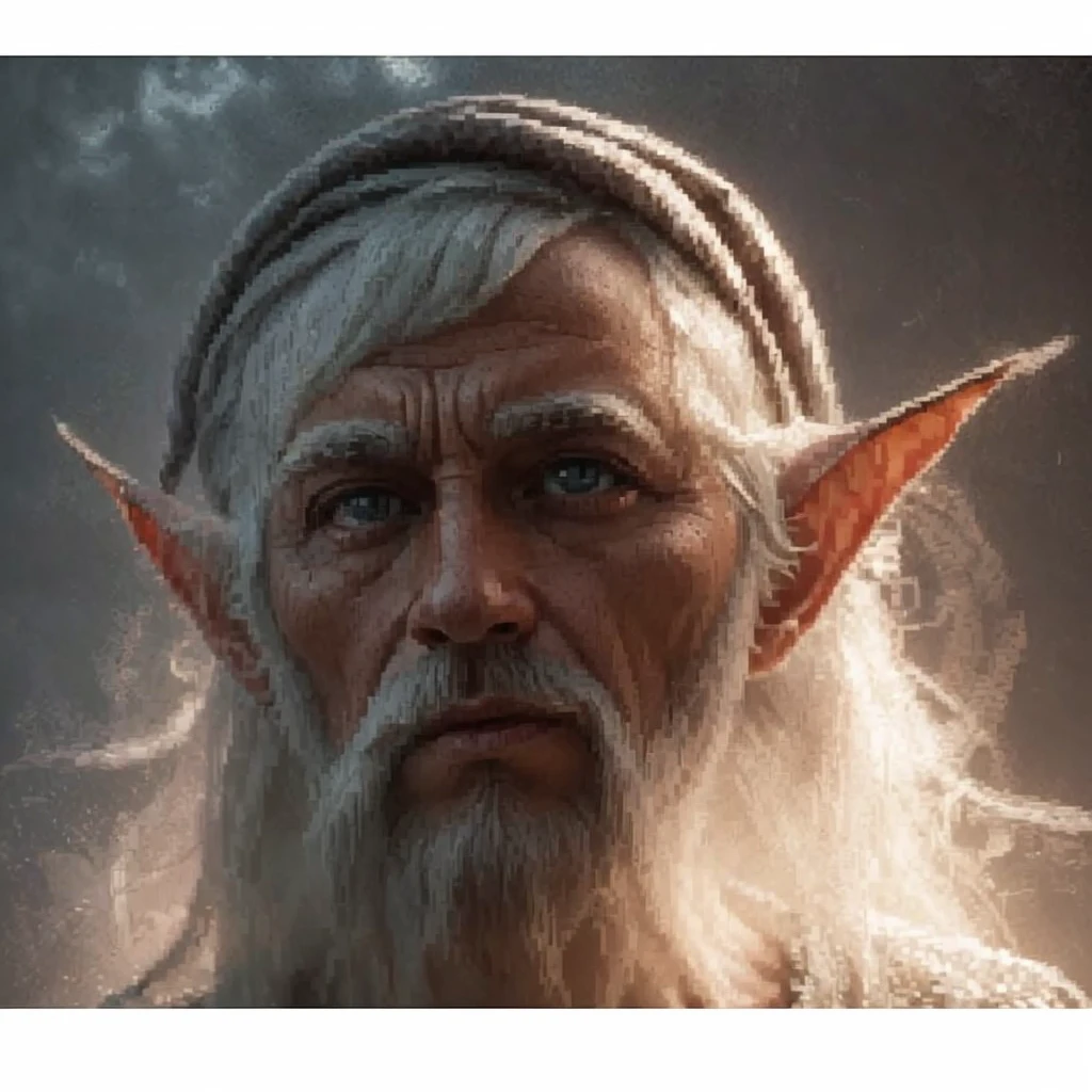 Complete and real image. On a planet in another galaxy there is an old elf, standing, facing forward, looking to the side with a tender gaze, dressed in very baggy clothes. Photorealism, full view, highly detailed image, very realistic, hyperrealism, Ultra HD, 8k, 5, sharp focus, intricate and mysterious masterpiece. (Long exposure photography Highly detailed close-up portrait art illustration: final quality, medium shot, backlit, Rich and eye-catching. Enigmatic and mysterious manipulations (composition of the rule of thirds), ((detailed environment with strong lines) The best quality, in camera, white light, warm and clean aesthetics, dazzling screen composed of millions of brilliant ultraviolet rays, HDR.