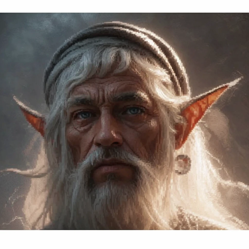 Complete and real image. On a planet in another galaxy there is an old elf, standing, facing forward, looking to the side with a tender gaze, dressed in very baggy clothes. Photorealism, full view, highly detailed image, very realistic, hyperrealism, Ultra HD, 8k, 5, sharp focus, intricate and mysterious masterpiece. (Long exposure photography Highly detailed close-up portrait art illustration: final quality, medium shot, backlit, Rich and eye-catching. Enigmatic and mysterious manipulations (composition of the rule of thirds), ((detailed environment with strong lines) The best quality, in camera, white light, warm and clean aesthetics, dazzling screen composed of millions of brilliant ultraviolet rays, HDR.