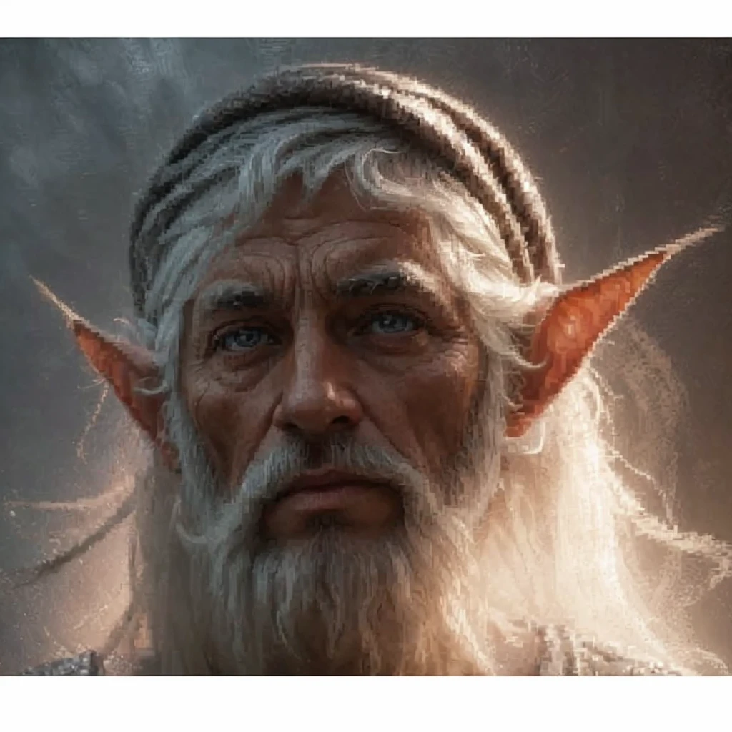Complete and real image. On a planet in another galaxy there is an old elf, standing, facing forward, looking to the side with a tender gaze, dressed in very baggy clothes. Photorealism, full view, highly detailed image, very realistic, hyperrealism, Ultra HD, 8k, 5, sharp focus, intricate and mysterious masterpiece. (Long exposure photography Highly detailed close-up portrait art illustration: final quality, medium shot, backlit, Rich and eye-catching. Enigmatic and mysterious manipulations (composition of the rule of thirds), ((detailed environment with strong lines) The best quality, in camera, white light, warm and clean aesthetics, dazzling screen composed of millions of brilliant ultraviolet rays, HDR.