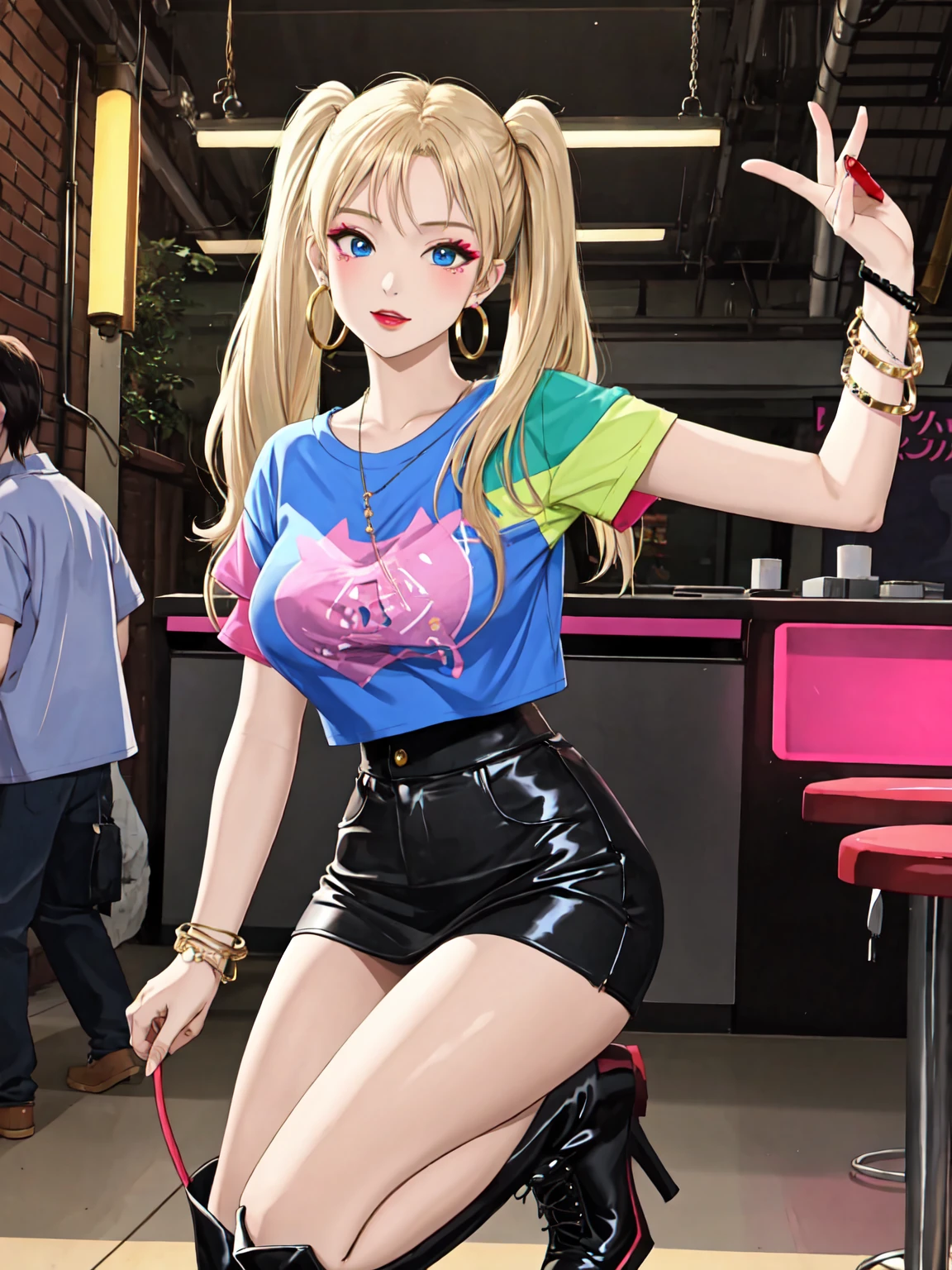 Stylish gyaru girl from early 2000s magazine AGEHA, with bleached blonde hair in high twin tails, bold makeup with dramatic winged eyeliner and glossy lips, deep tanned skin, wearing a cropped graphic tee showing toned midriff, low-rise sequined miniskirt, over-the-knee high heeled boots, large hoop earrings and bangle bracelets, posing confidently in a dimly lit underground club setting with neon signs and hints of dancing crowds.