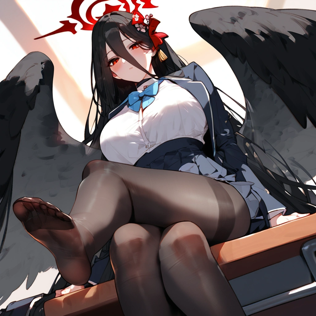 score_9, score_8_up, score_7_up, score_6_up, 1girl, breasts, at school, sit on desk, hasumi \(blue archive\), rhalo, black hair, long hair, hair between eyes, very long hair, , big breasts, she has  black wings, , alternate costume, school outfit,,,, ,pantyhose, below view ,,, detailed foots, foot focus,sit, foots to viewer, crossed legs