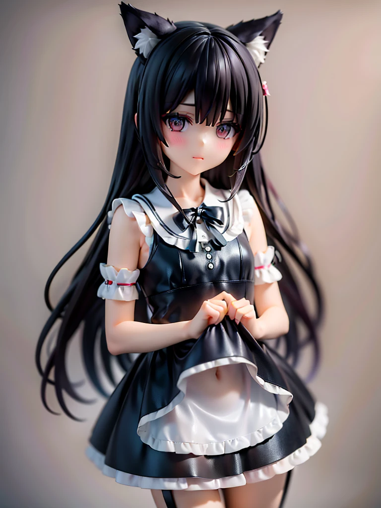 A woman with big ，Black long hair，twintails，Exquisite，Red ribbon，sleeveless，Lolita skirt，Loose collar，Protruding lower chest，Slim waist，blush，bedroom，