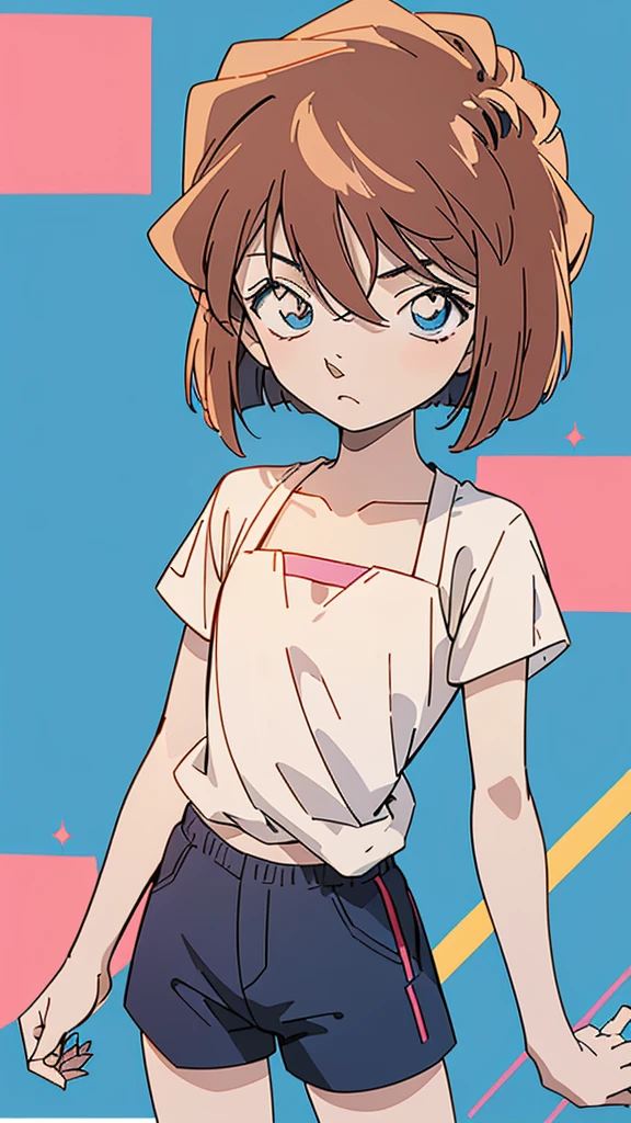 anime style, (1girl in, Solo:1.0), (Haibara Ai), ((Short pants)), (((Big eyes))), (Cute anime girl head), (flat chest),looking at viewer,With a height of 100cm, shoot from front, (head shot), Simple line minimalism, Abstract Art, City background, anime opening movie