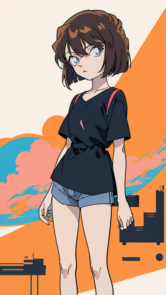 anime style, (1girl in, Solo:1.0), (Haibara Ai), ((Short pants)), (((Big eyes))), (Cute anime girl head), (flat chest),looking at viewer,With a height of 100cm, shoot from front, (head shot), Simple line minimalism, Abstract Art, City background, anime opening movie
