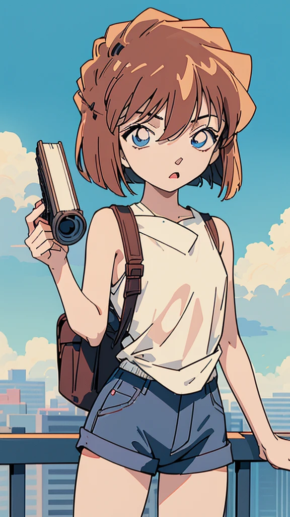 anime style, (1girl in, Solo:1.0), (Haibara Ai), ((Short pants)), (((Big eyes))), (Cute anime girl head), (flat chest),looking at viewer,With a height of 100cm, shoot from front, (head shot), Simple line minimalism, Abstract Art, City background, anime opening movie