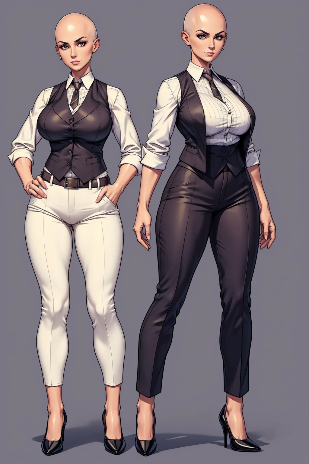 digital art, highly detailed, reference sheet, standing pose, feminine features, mature woman, adult female, whole body, bald, form-fitting, open neckline, vest, office shirt, pants, heeled shoes, 1woman, solo, upper body, lower body, ((Extremely Detailed)), ((Best Quality)), ((Masterpiece)), ((4k))
