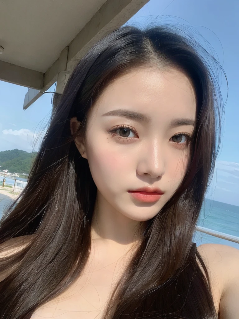 (Genuine, High resolution:1.3), Girl with perfect body, Very beautiful face and eyes,Long Hair, Ocean, set up, Big Breasts,