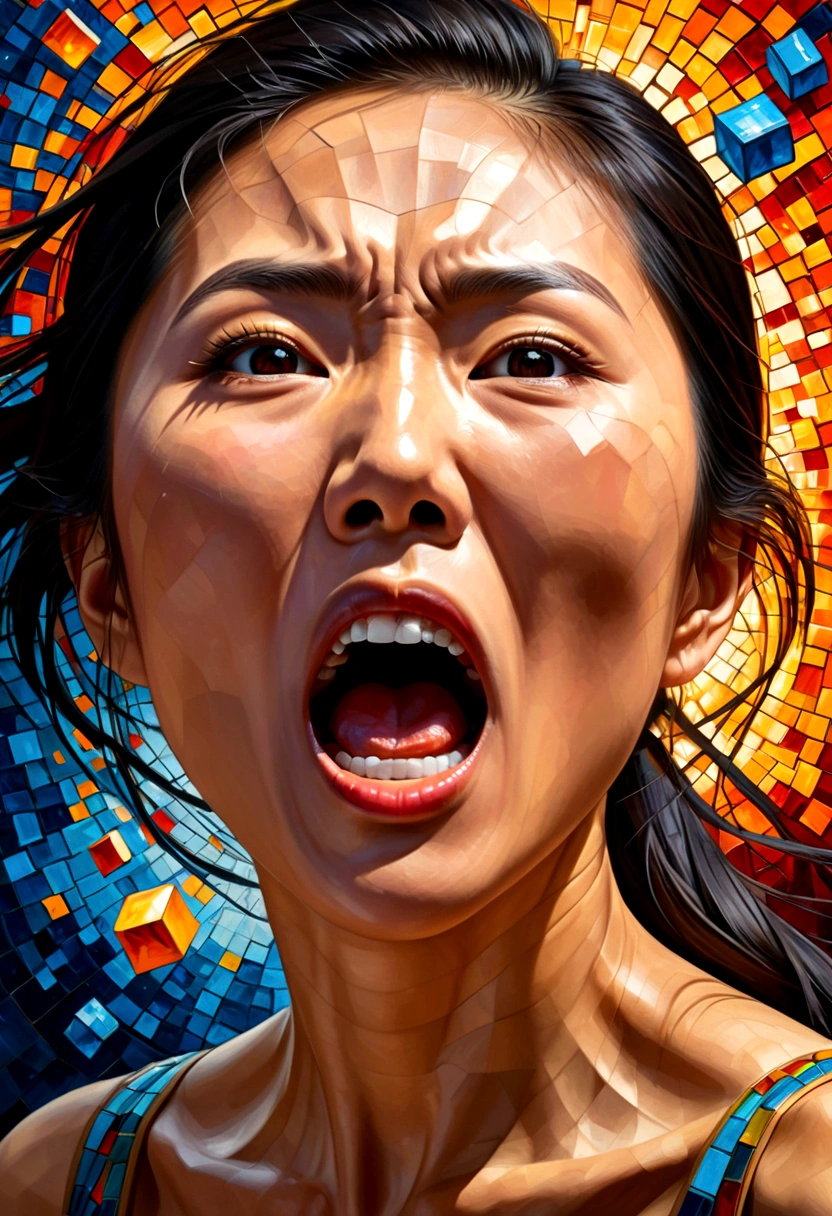 oil painting,Asian woman face,Side view(Only the face that opened its mouth very wide screamed in anger.),Something flew out of the mouth.,Explosion of body parts into 3D cubes , Mosaic art, masterpiece, bright colors,  ,  Highly detailed, , fractal art, , 8K, geometric concept art, sharp line