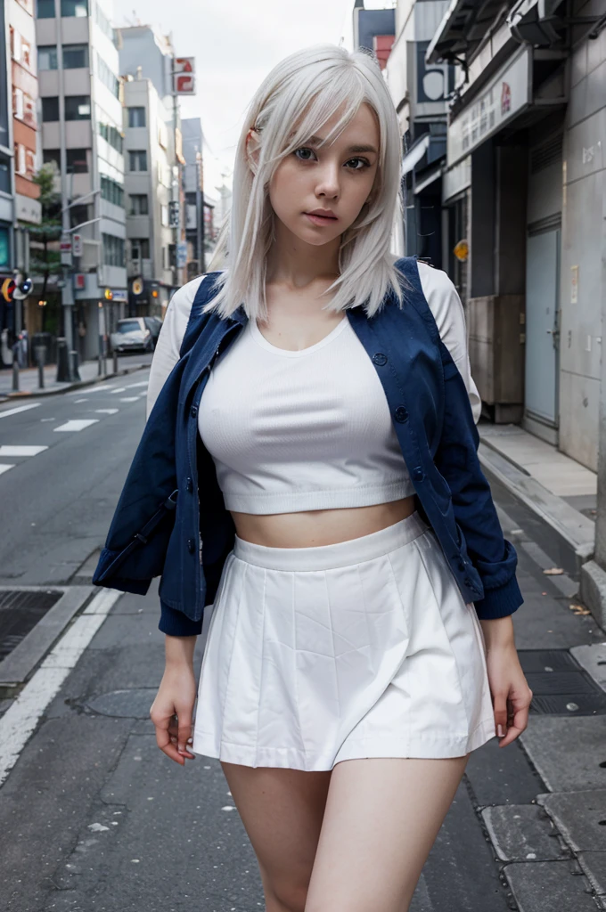 white hair,posing,Tokyo street,soft light, 2girl, extremely beautiful face, perfect body proportions, casual hairstyle,big eyes, vore,huge belly,burp, JK_style, navy JK_skirt,Blue vest jacket ,teasing eyes ,full body