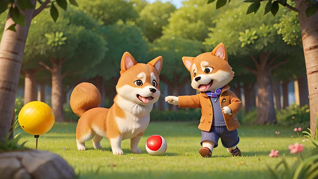 A cute corgi and a cute shiba inu playing in the forest，There is a colorful ball on the grass。