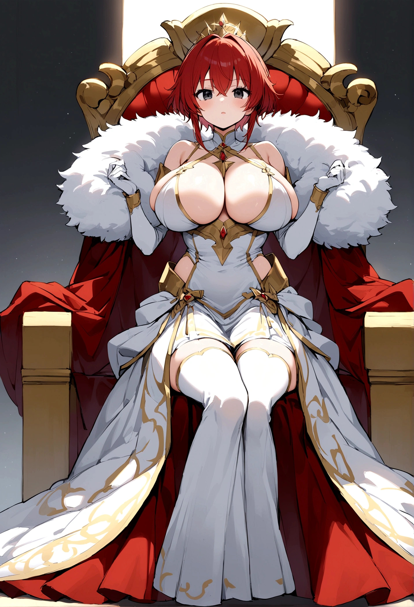 My name is Hikaru, I am a white test woman with long red hair and black eyes. I am 1.60cm tall and weigh 46kg. My breast sizes are 300 cm, my waist is 60 cm and my hips are 200 cm. Dressed in a low-cut gold and white princess dress with a fluffy skirt. With big breasts 300 cm sitting on a throne