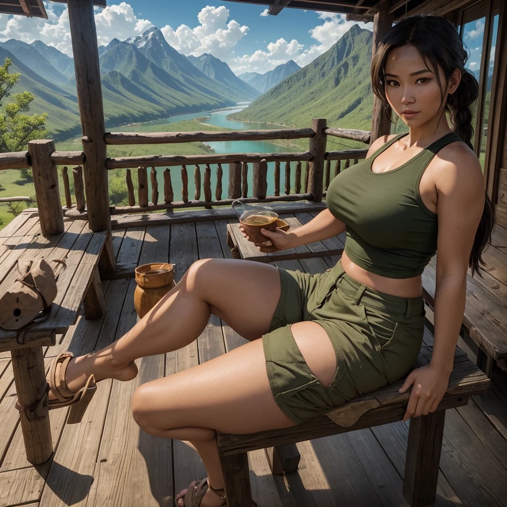 [sfw] Thicc Asian lara croft, sitting on the porch of a rustic cabin. She is relaxed. She is wearing khaki shorts and a sleeveless tight shirt. Oklahoma mountains in the distance, and a river flows in a valley. Blue skies with clouds. Midday sun. She looks content and happy. 