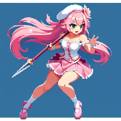 pixel art, full body, facing left (important), pink and white, holding a spear, magical girl, beret, long hair, loose, off-the-shoulder. Hair color: soft, pale pink hair. Eye color: green eyes. Outfit: white and pink based outfit. She wears a white short-sleeved off-the-shoulder top with a pink collar and buttons that reveal her collarbone, and a mini slit skirt shaped like a downward-pointing lotus petal. Accessories: She has a pink flower ornament in her right hair. Weapon in hand: a long spear with pink and white decorations.Young middle school student、Jump