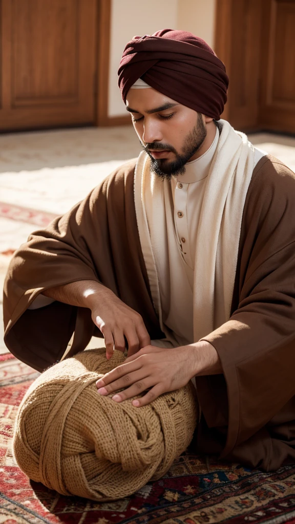a Muslim man wearing a turban, wearing a brown robe in prostration, pours out his heart to improve his relationship with Allah. very real, high resolution, 8k resolution, intricate details, very real facial details,