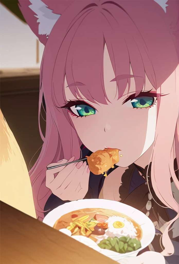 beautiful detailed eyes, beautiful detailed lips, extremely detailed eyes and face, long eyelashes, 1girl, a kitsune, pink hair, green eyes, sitting at a table, eating, best quality, best art,