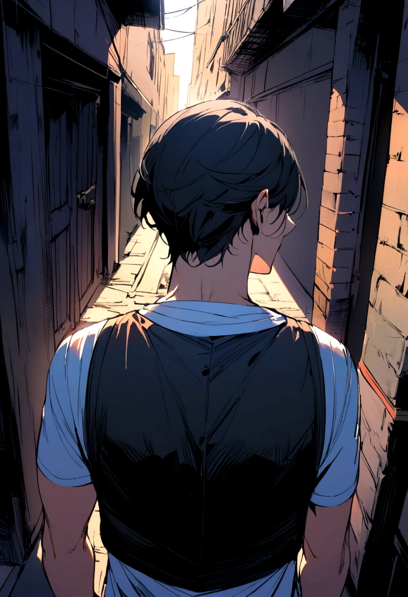 a man facing back, neck-length black hair, wearing a t-shirt and courier vest, against a dark alley