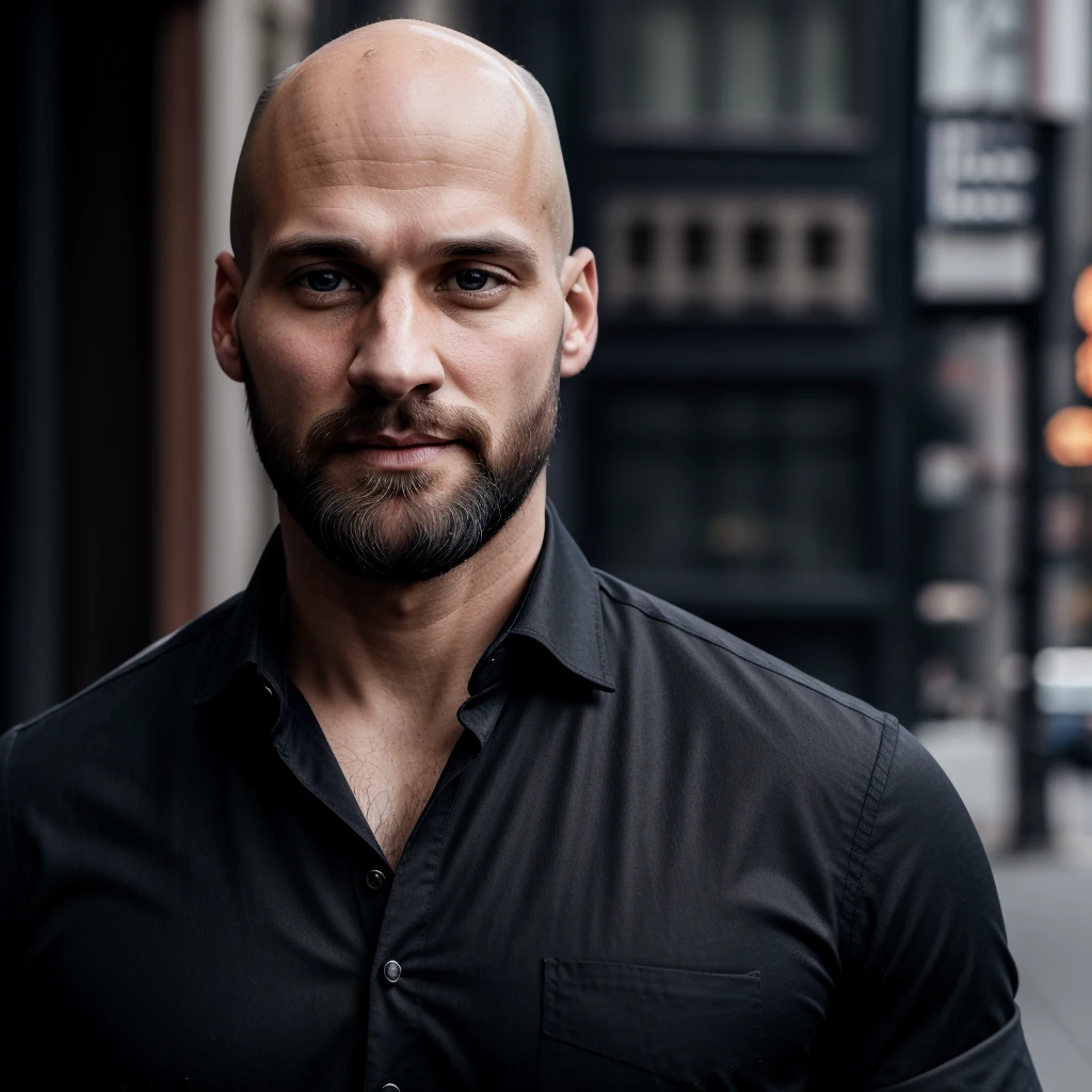 30 year old man. Ultra realistic. 4k. Bald. Bearded. Well dressed. Streets of new York. Head and shoulders. Muscular. Black shirt. Blonde hair. Norwegian heritage