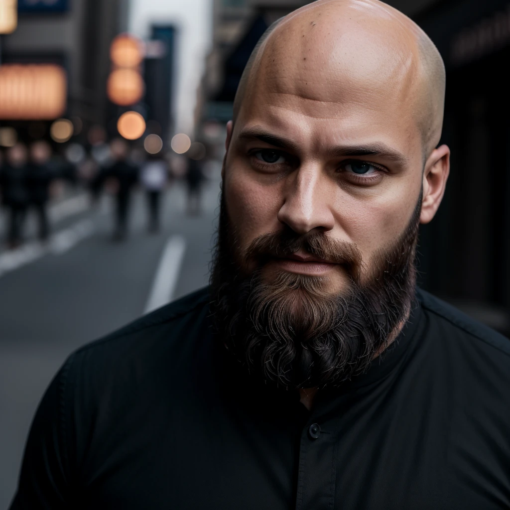 30 year old man. Ultra realistic. 4k. Bald. Bearded. Well dressed. Streets of new York. Head and shoulders. Muscular. Black shirt. Blonde hair. Norwegian heritage