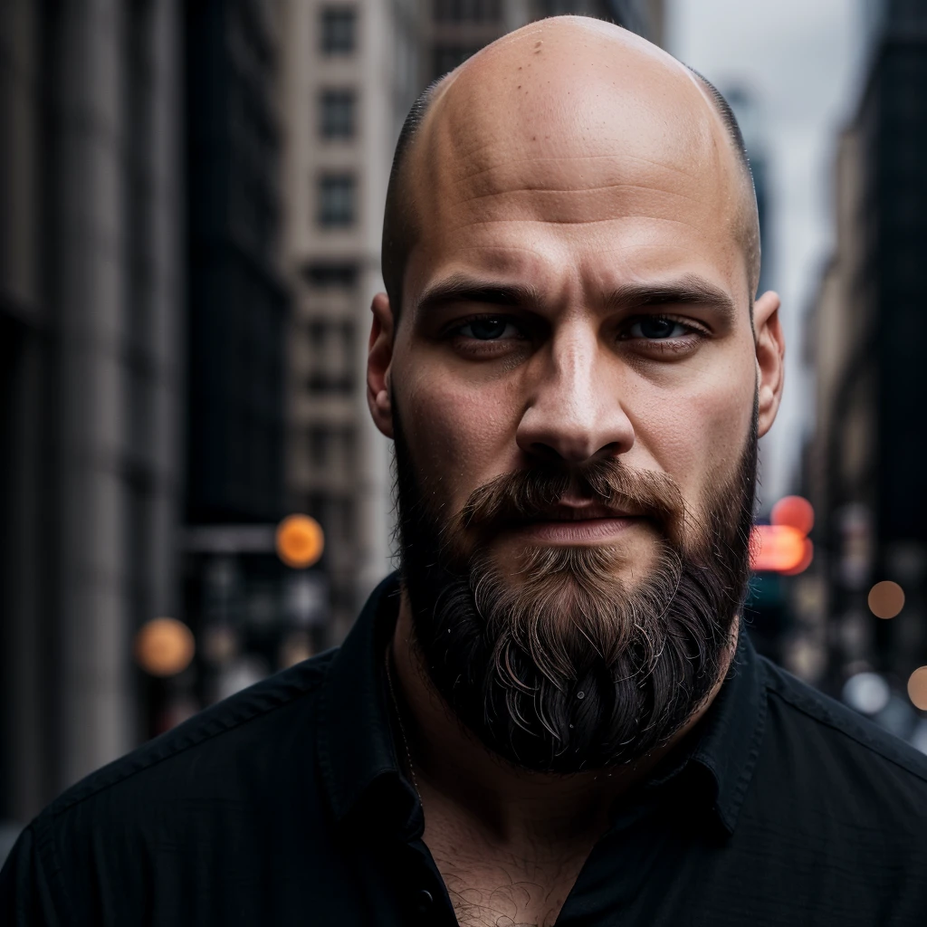 30 year old man. Ultra realistic. 4k. Bald. Bearded. Well dressed. Streets of new York. Head and shoulders. Muscular. Black shirt. Blonde hair. Norwegian heritage