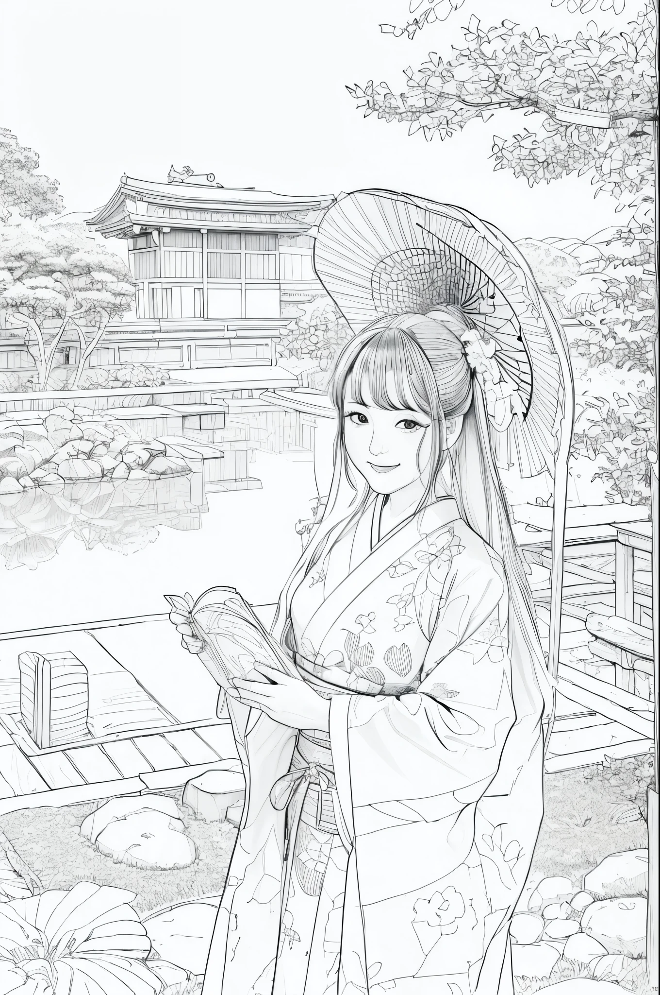Please create a realistic ukiyo-e illustration of a cute, smiling woman in a kimono that conveys Japanese culture in various poses with (a Japanese garden in the background:1.5), using a simple black and white coloring book that even children can do. The illustration is a illustration with detailed facial features and cartoon-style visuals, (high contrast, sketch, monochrome, clean line drawings for coloring book:1.5)