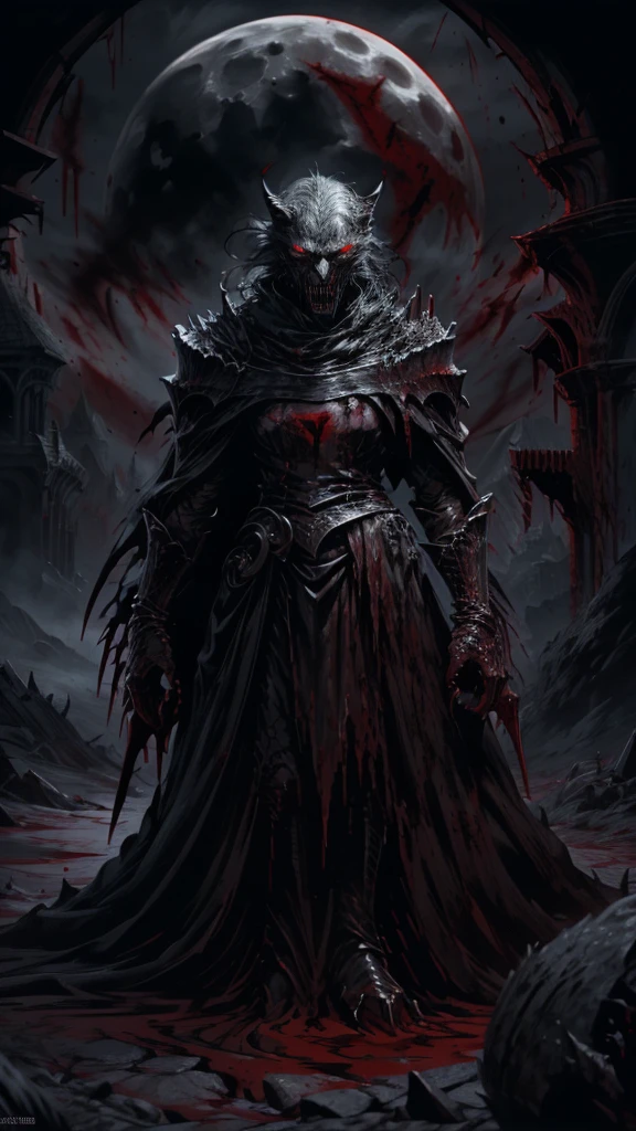 a darksouls werewolf, backwards, looking over shoulders pose with great fangs,sharp nails with blood,black fur,angry face,full moon at night,fog, on ground,(blood: 1.5),detailed,realistic,4k