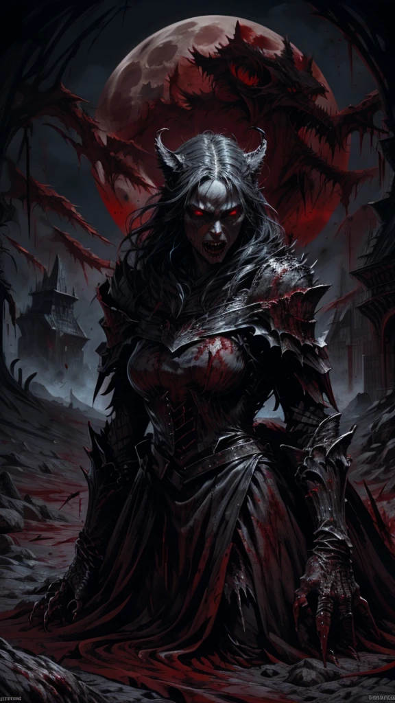 a darksouls werewolf, backwards, looking over shoulders pose with great fangs,sharp nails with blood,black fur,angry face,full moon at night,fog, on ground,(blood: 1.5),detailed,realistic,4k