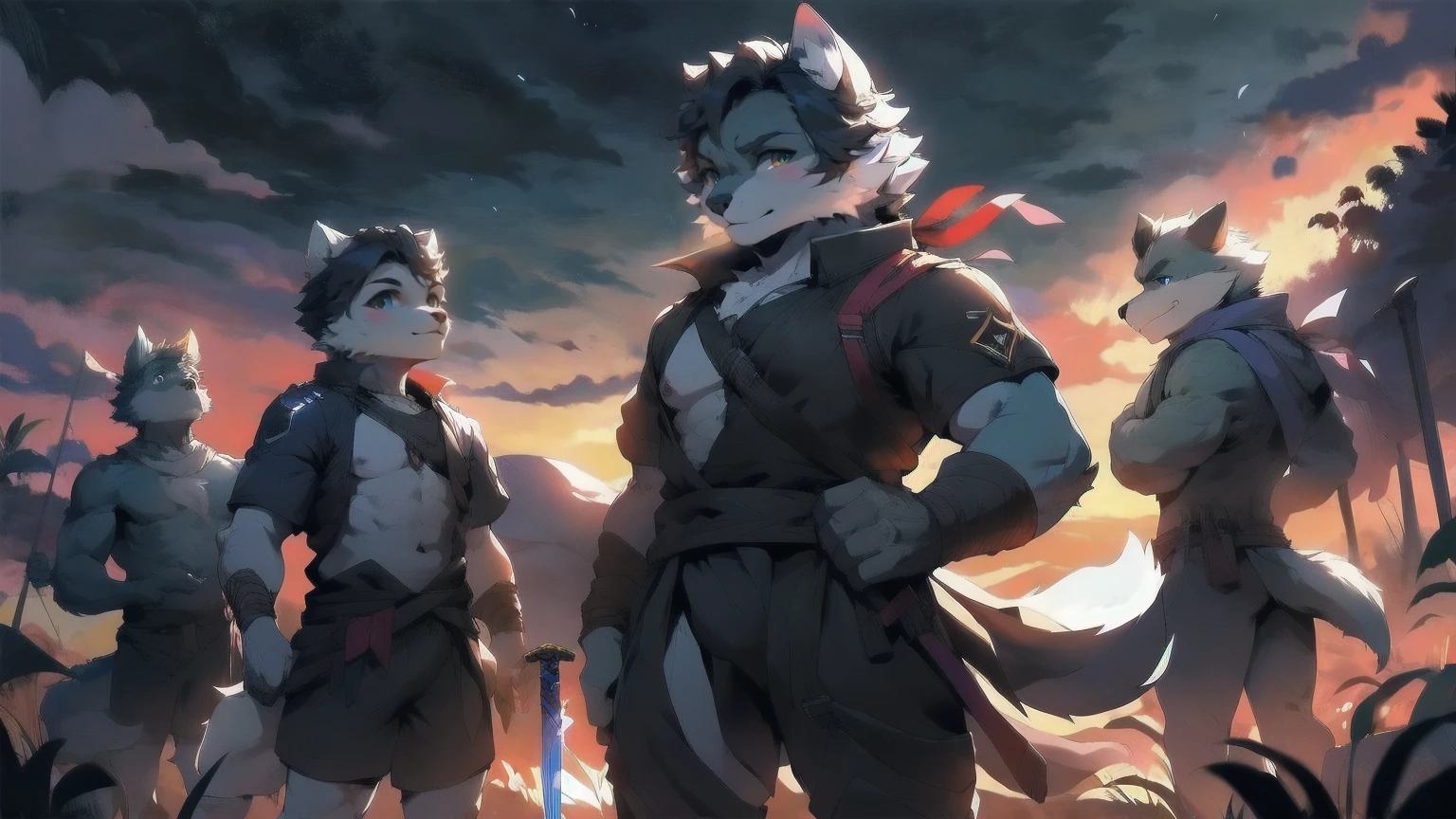 White Wolf,black hair,Sky blue eyes,hairy,Wolf ears,Wolf tail,Full body portrait,The character is in the center of the frame,Handsome,Confident eyes,male,juvenile,Black and white combat uniform,Red neck bib,Black shorts,Short sleeve,hairy arms and legs,Dark background,Dark battlefield,dawn,sunrise,dawn,illumination,shadow,Swordsman,Scabbard and sword,Hold the hilt of a sword in your hand,The scabbard is at the waist,Highest quality