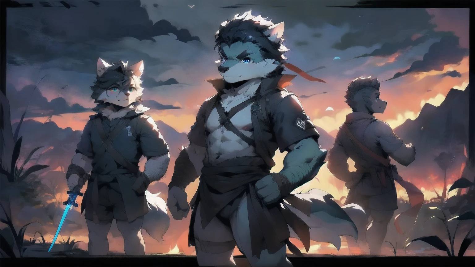 White Wolf，black hair，Sky blue eyes，hairy，Wolf ears，Wolf tail，Full body portrait，The character is in the center of the frame，Handsome，Confident eyes，male，juvenile，Black and white combat uniform，Red neck bib，Black shorts，Short sleeve，hairy arms and legs，Dark background，Dark battlefield，dawn，sunrise，dawn，illumination，shadow，Swordsman，Scabbard and sword，Hold the hilt of a sword in your hand，The scabbard is at the waist，Highest quality