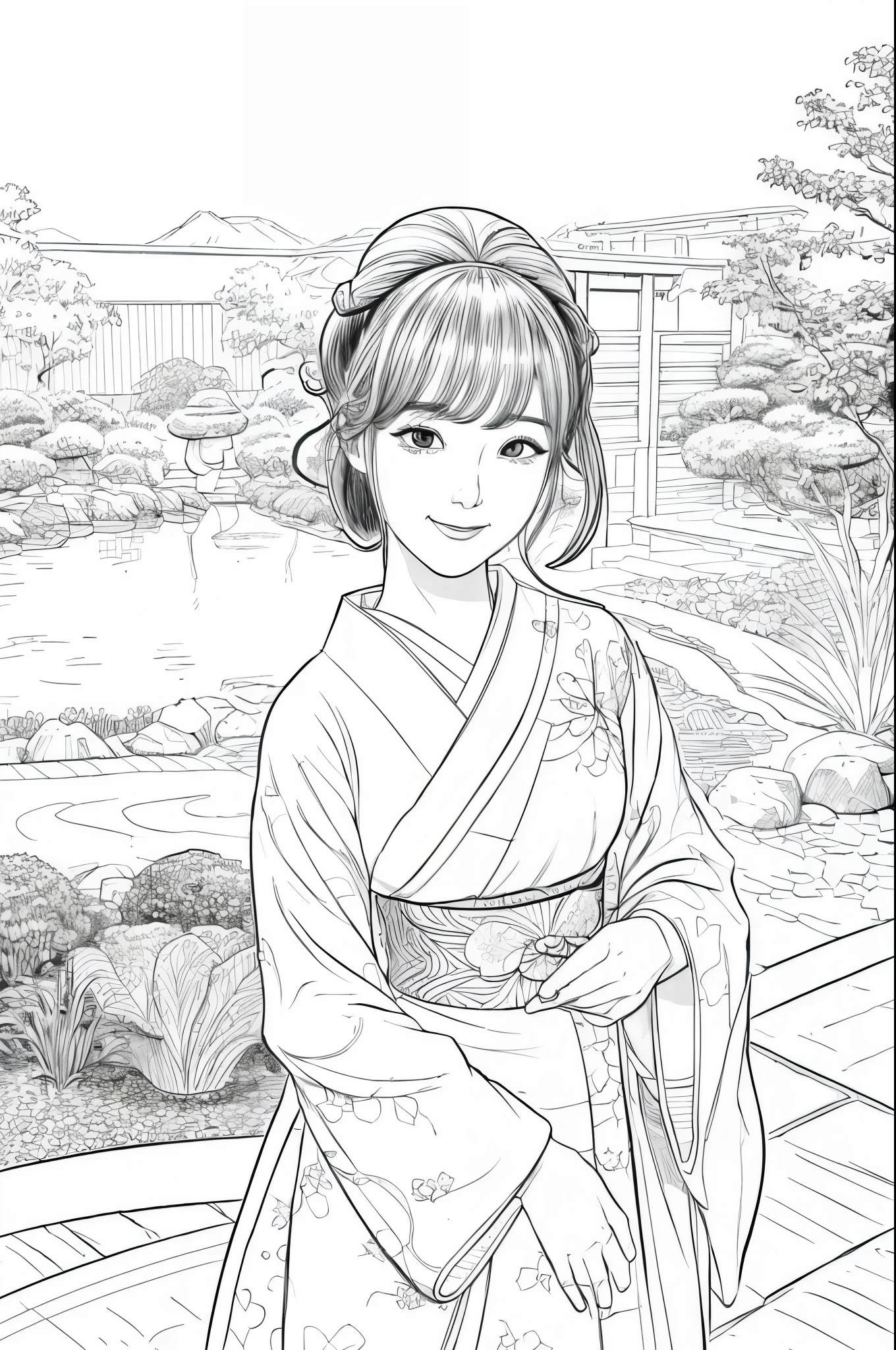 Please create a realistic ukiyo-e illustration of a cute, smiling woman in a kimono that conveys Japanese culture in various poses with (a Japanese garden in the background:1.5), using a simple black and white coloring book that even children can do. The illustration is a illustration with detailed facial features and cartoon-style visuals, (high contrast, sketch, monochrome, clean line drawings for coloring book:1.5)