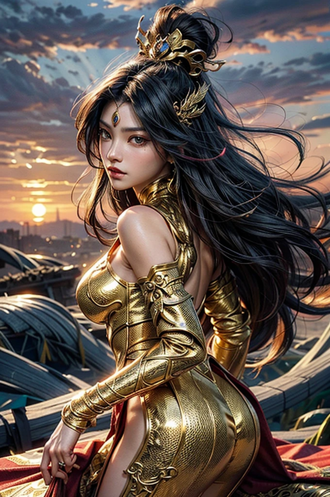 A powerful Asian enchantress with flowing black hair and captivating emerald eyes, clad in a flowing, golden armor that shimmers in the dramatic sunlight, Detailed digital illustration with a painterly touch, blending dynamic superhero action with elegant, flowing lines and intricate details, inspired by Stanley Artgerm Lau (superhero action) and Alphonse Mucha (flowing lines), Close-up portrait, with the enchantress gazing confidently at the viewer, exuding power and beauty, The golden armor is adorned with intricate dragon scale patterns and flowing red silk accents, Background features a vibrant sunset sky with swirling clouds of orange, pink, and purple, Dramatic lighting with the sun shining down from behind her, casting a warm glow on her armor and highlighting the details,