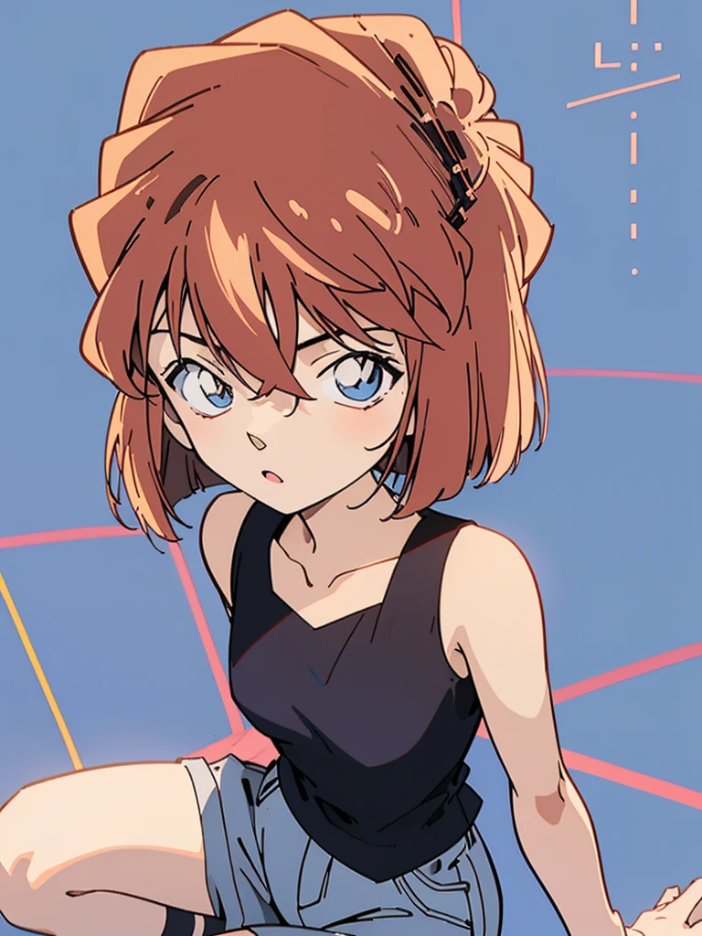 anime style, (1girl in, Solo:1.0), (Haibara Ai), ((Short pants)), (((Big eyes))), (Cute anime girl head), (flat chest),looking at viewer,With a height of 100cm, shoot from front, (head shot), Simple line minimalism, Abstract Art, City background, anime opening movie